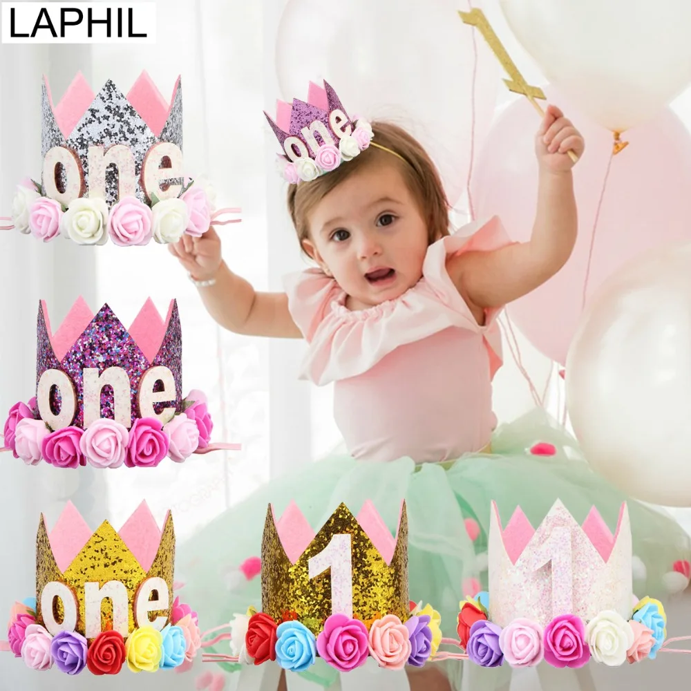 

LAPHIL Baby 1st Birthday Party Hats Pink Flower Princess Crown for Kids Happy First Birthday Decoration I AM ONE 1 Year Supplies