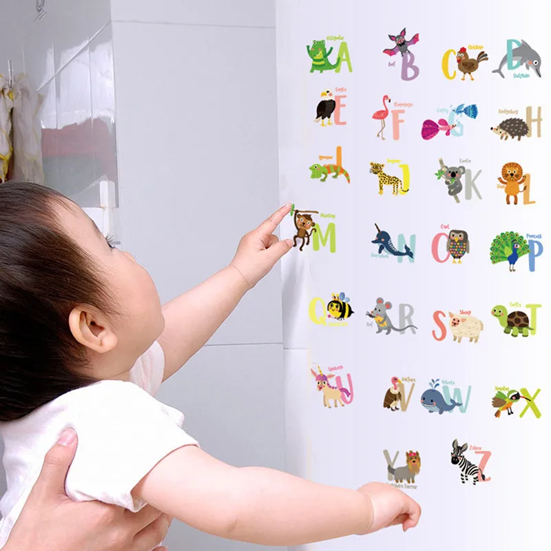 A-Z Alphabet Cartoon Animals Wall Sticker Helpful 26 English Letters Learning Wall Refrigerator Cute Decorative Wall Stickers