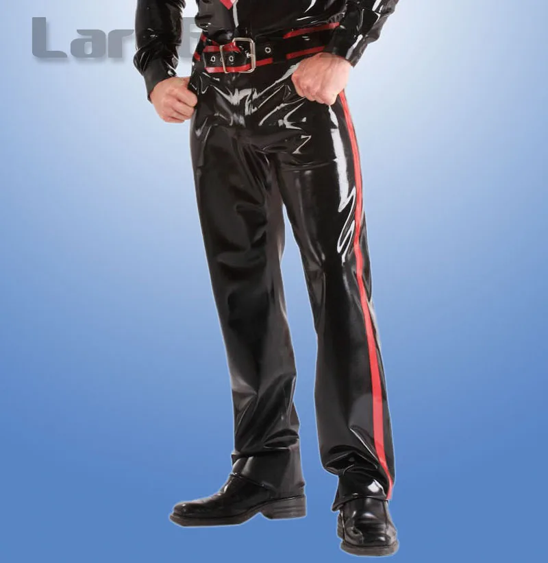 Черный с красным Для мужчин латекса джинсы латекс брюки с поясом