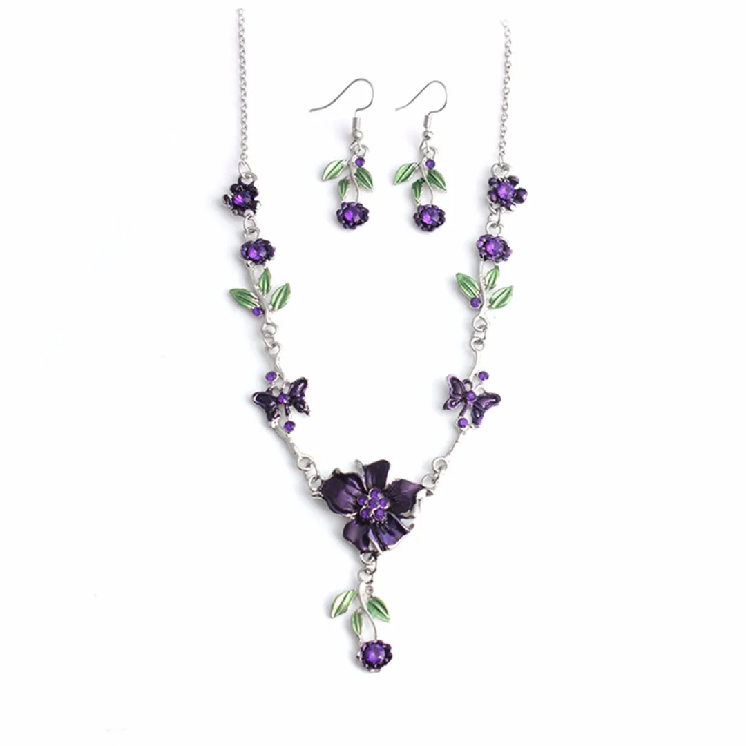 Shellhard Wedding Jewelry Crystal Colorful Flowers Necklace Ear Ring Earring Bohemian Chic Jewelry Set For Women Femme Bijoux