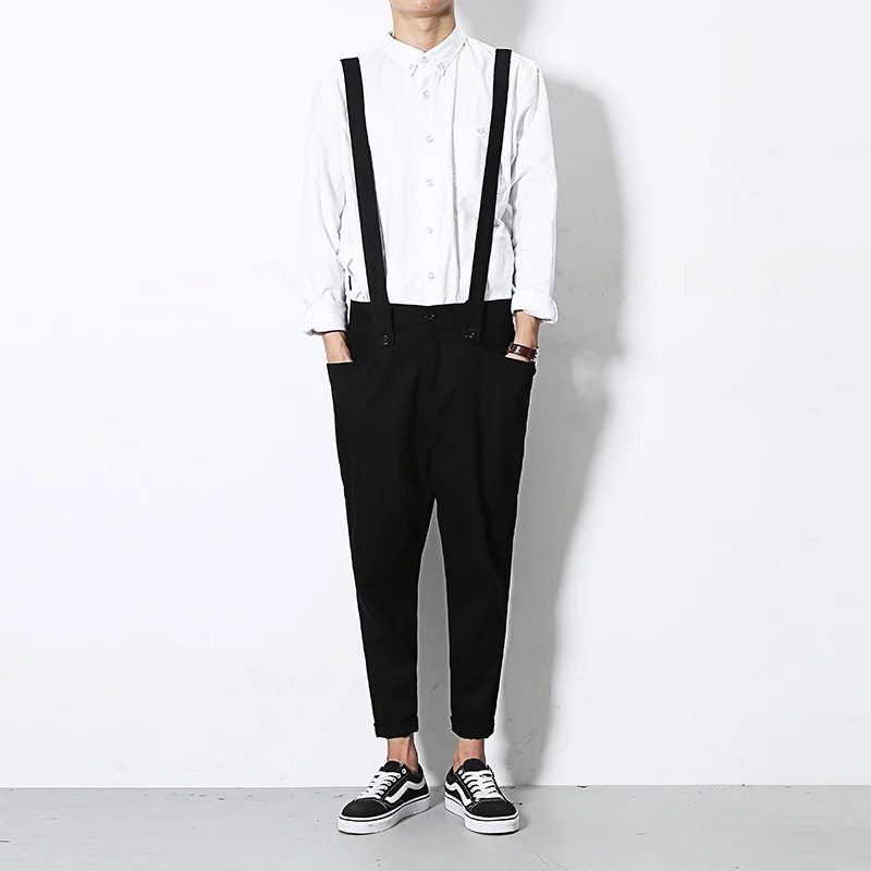 Harajuku mens black khaki overalls fashion men's slim One piece pants male Casual pocket