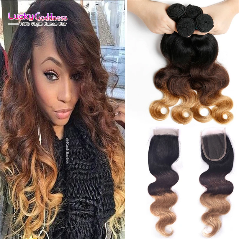 

Human Hair With Closure 7A Grade Brazilian Virgin Hair Ombre 1b/4/27 Honey Blonde Lace Closure With Bundles Ombre
