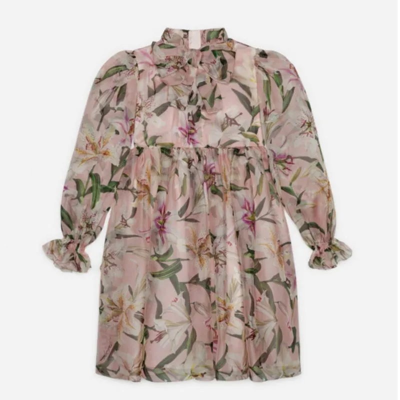 

2019 NEW Autumn Pink Lily Pattern Printed Baby Girls Dress Party Boutique Puff Sleeve Chifon Dress for Girl Bow Dress