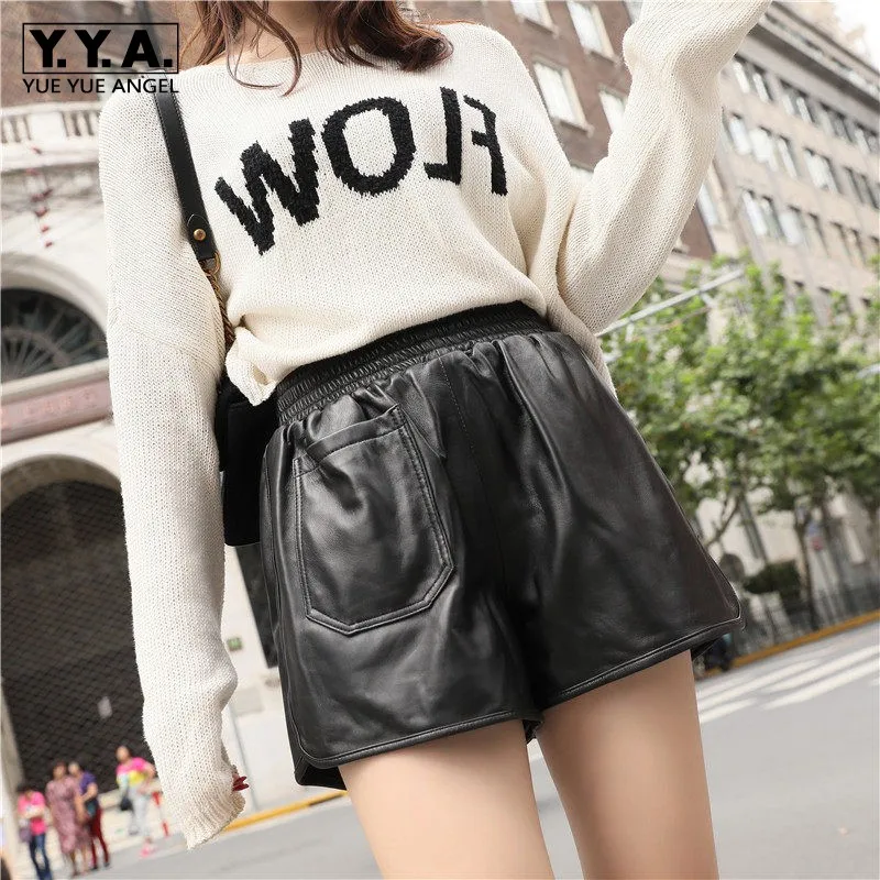Brand New Womens Genuine Leather Shorts Fashion High Waist Loose Wide Leg Short Pants Elastic Waist Sheepskin Casual Hot Pants