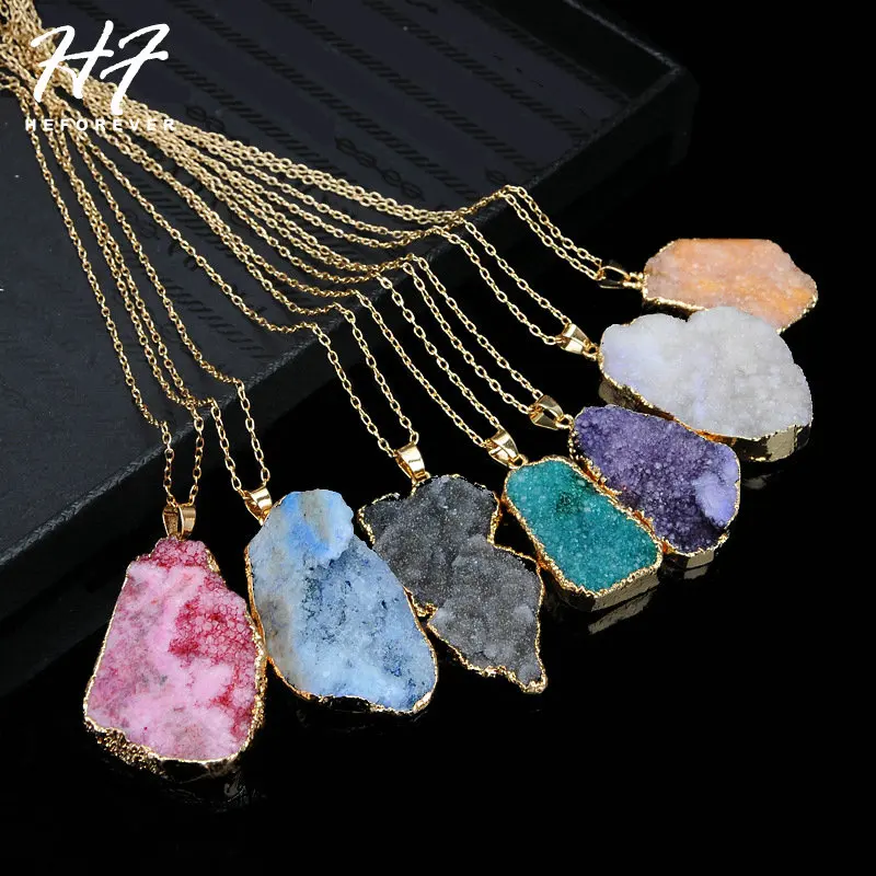 

Natural Not Polished Crystal Stone Pendant Necklaces for Women Irregular Sweater Chain Fashion Jewelry KC012 KC013