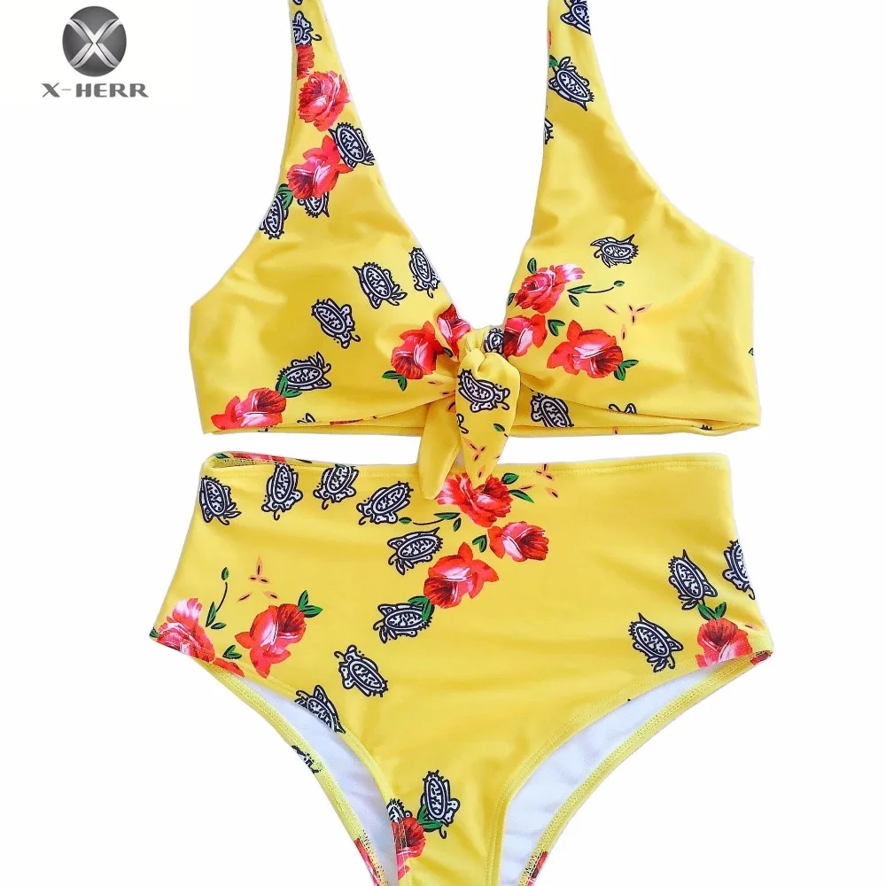 X HERR Knot On The Chest Bikinis Set High Waist Flower Printed Bikini ...