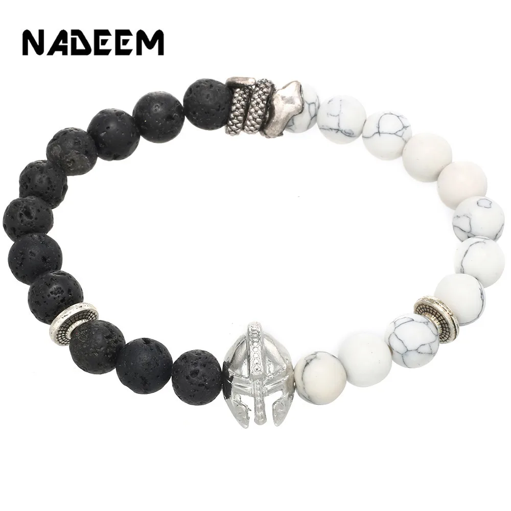 

NADEEM New Black Lava & White Howlite Stone Bead Antique Silver Roman Warrior Gladiator Helmet Charm Bracelet Men Women bijoux