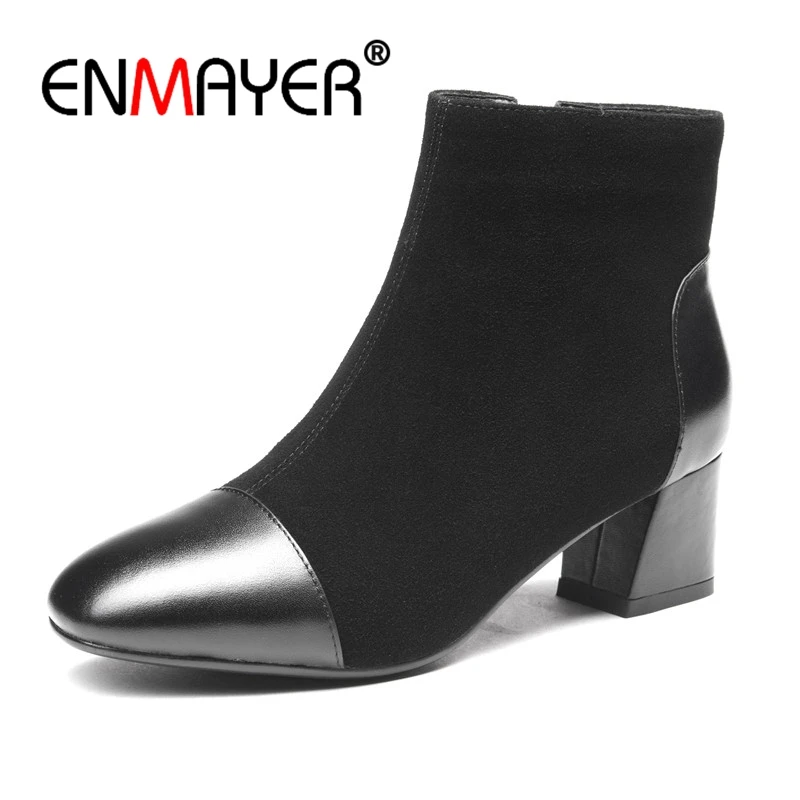 

ENMAYER Genuine Leather Thick High Heels Ankle Boots Female Square Toe Slip On Shoes Women Winter Snow Botas Size 33-40 CR610