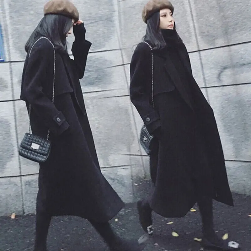 

Fashion Woolen Coats Women Autumn Winter Solid Turndown Lace-Up Mid-Long Vintage Ladies Wool Blends Top Loose Casual Korean New