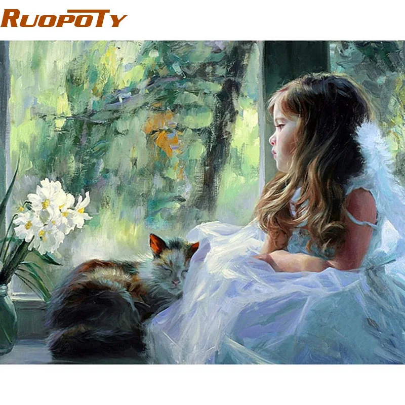 RUOPOTY Frame Girls And Cat DIY Painting By Numbers Unique Gift Modern Wall Art Picture Canvas Painting For Home Decor 40x50cm