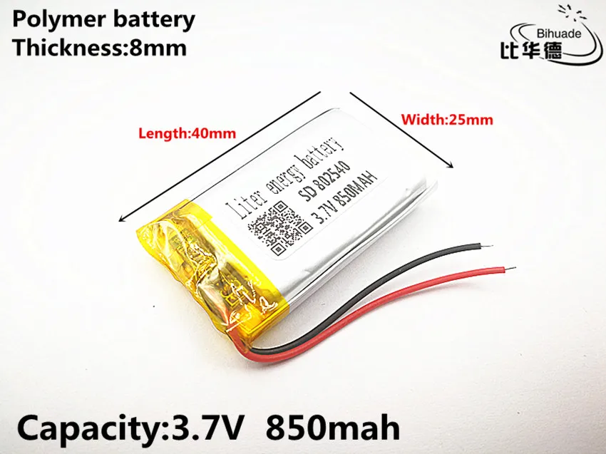 5 шт. литровая энергетическая батарея хорошего качества 3,7 в, 850 мАч, 802540 полимерная литий-ионная/литий-ионная батарея для игрушек, банка питания, gps, mp3, mp4