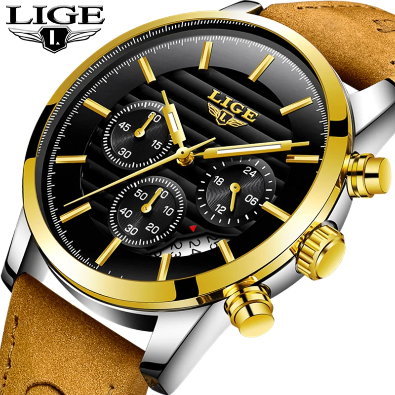 

LIGE Fashion Sport Mens Watches Top Brand Luxury Waterproof Quartz Watch Men Leather Business Gold Wrist Watch Relogio Masculino