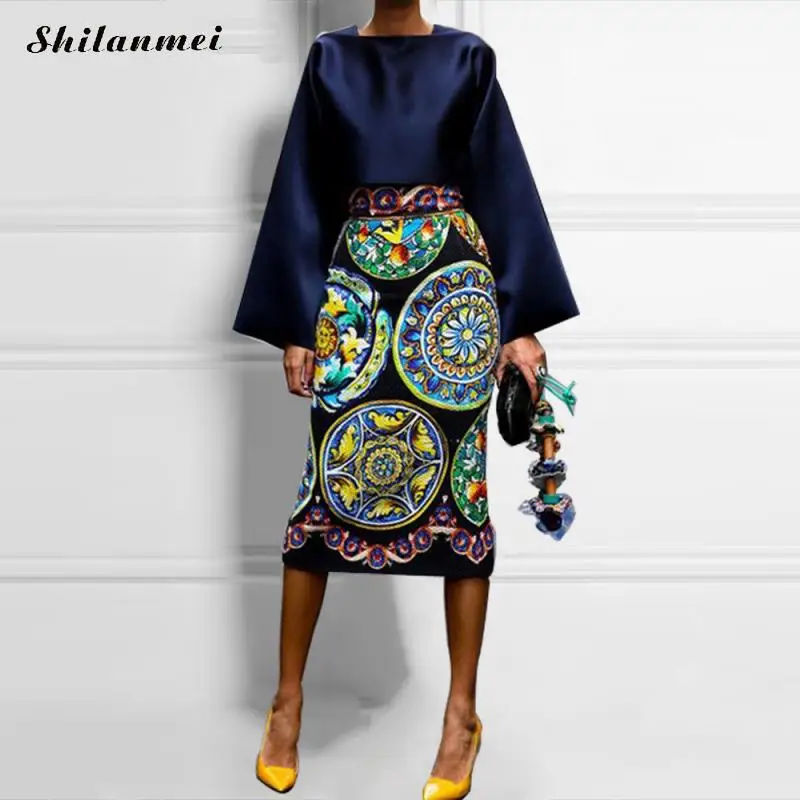 

Women Retro Printed Bodycon Dress Vintage African Dresses European And American Long Sleeve Elegant Party Vestidos Plus Size