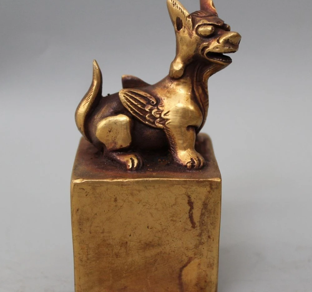 

Old Chinese Heavy Bronze Gild Kylin Beast Statue Dynasty imperial Seal Stamp