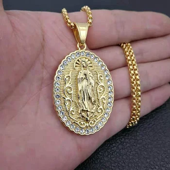 

Hip Hop Rhinestones Pave Bling Iced Out Stainless Steel Virgin Mary Oval Pendants Necklace for Men Rapper Jewelry Drop Shipping