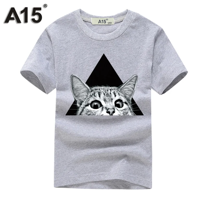 A15 T-shirt 3D Kids T Shirt White Cartoon Printed Summer T-shirt for Girl Big Boys Cotton Plain Short Tee Size 8 10 12 Year - Color: T0018Gray