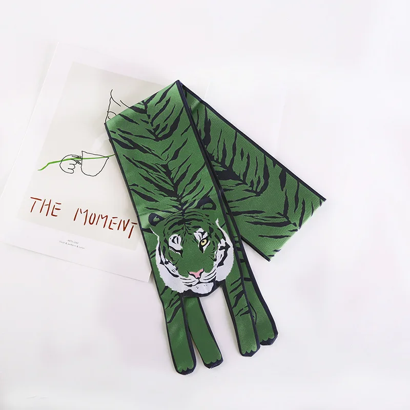 Шелковый шарф в виде щенка, сумки с лентой, маленькие шарфы, повязка на голову, чокер,, 120 см* 5 см, милая сумочка - Цвет: Green tiger trumpet