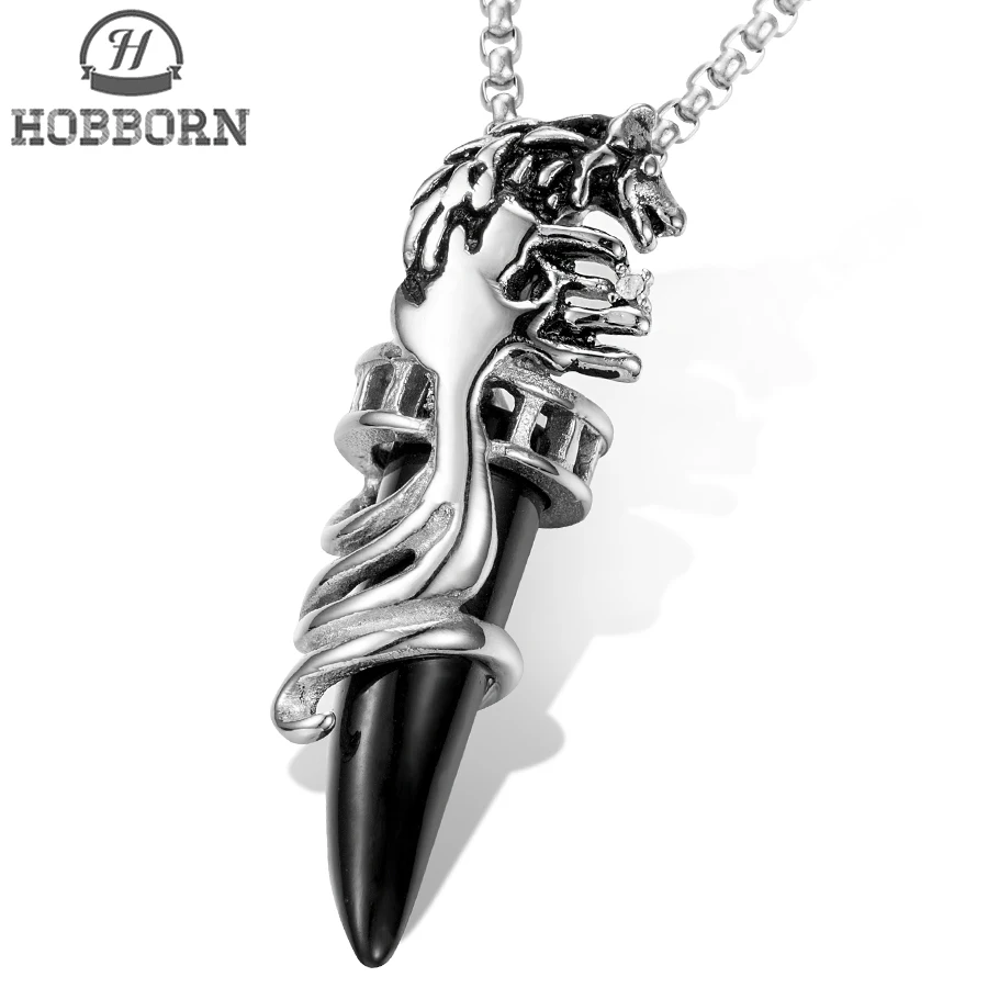 

HOBBORN Punk Men Jewelry Silver color Tribal Stark Wolf Fang Pendant Necklaces Vintage Spike Dragon Titanium Pendants Necklace