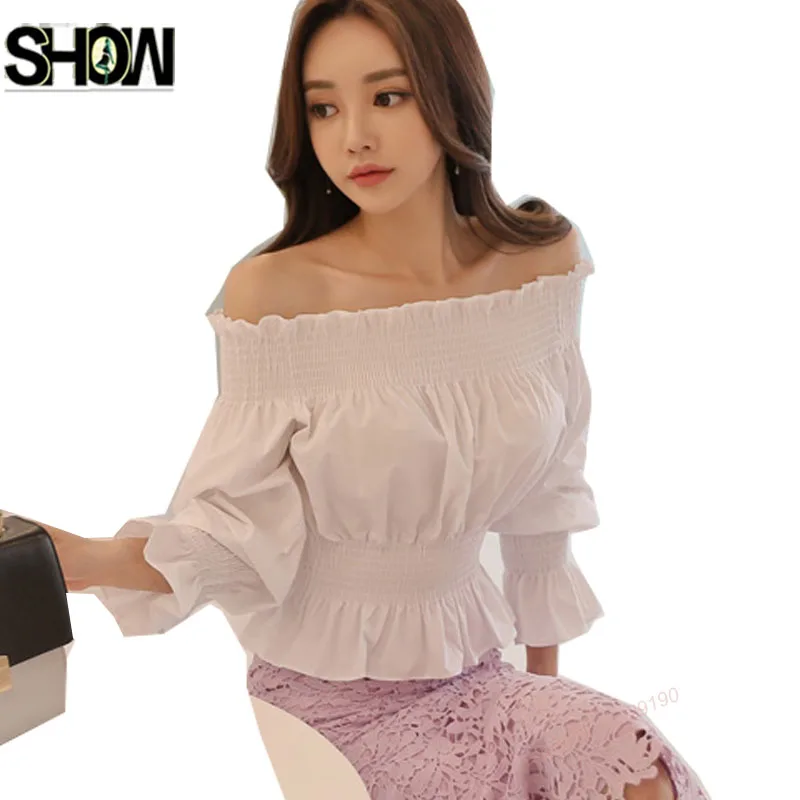 

Cute Tops And Skirts Sets Summer Women Slim Waist Peplum Top Suits Outfits White Flare Sleeve Open Off Shoulder Blouse Top 1805