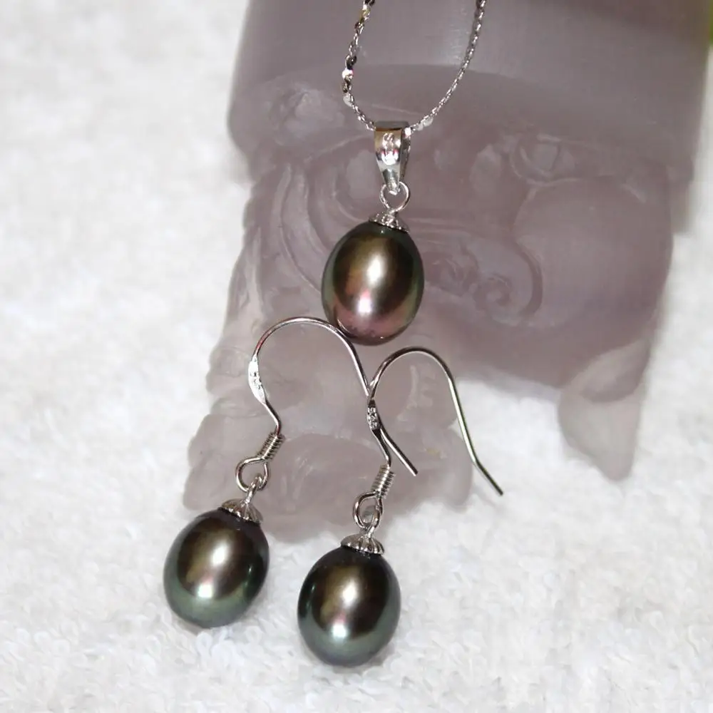 

Genuine Freshwater black Drop Pearl Pendant Necklace SET Silver