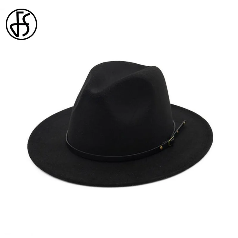 

FS Classic Wide Brim Fedora Hat For Men Autumn Winter Felt Trilby Jazz Hats Women Panama Black Gray Gangster Caps