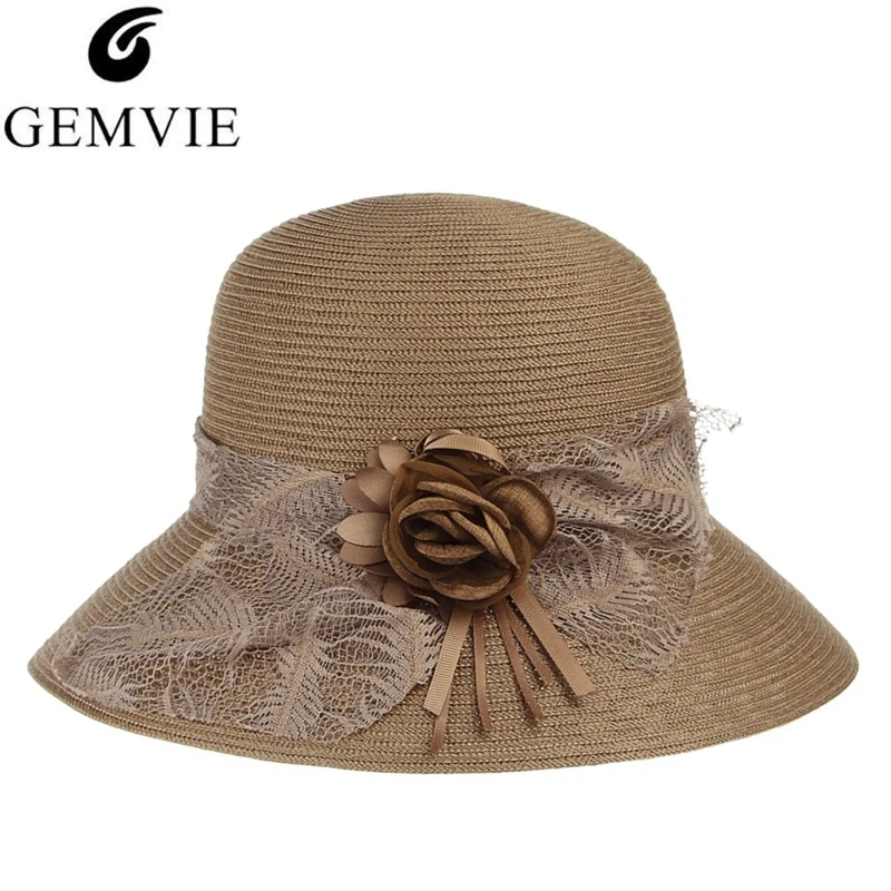 

GEMVIE New Summer Hats For Women Dome Bucket Hat With Lace Floral Ladies Elegant Party Church Hat Wide Brim Sun Hat Beach Cap