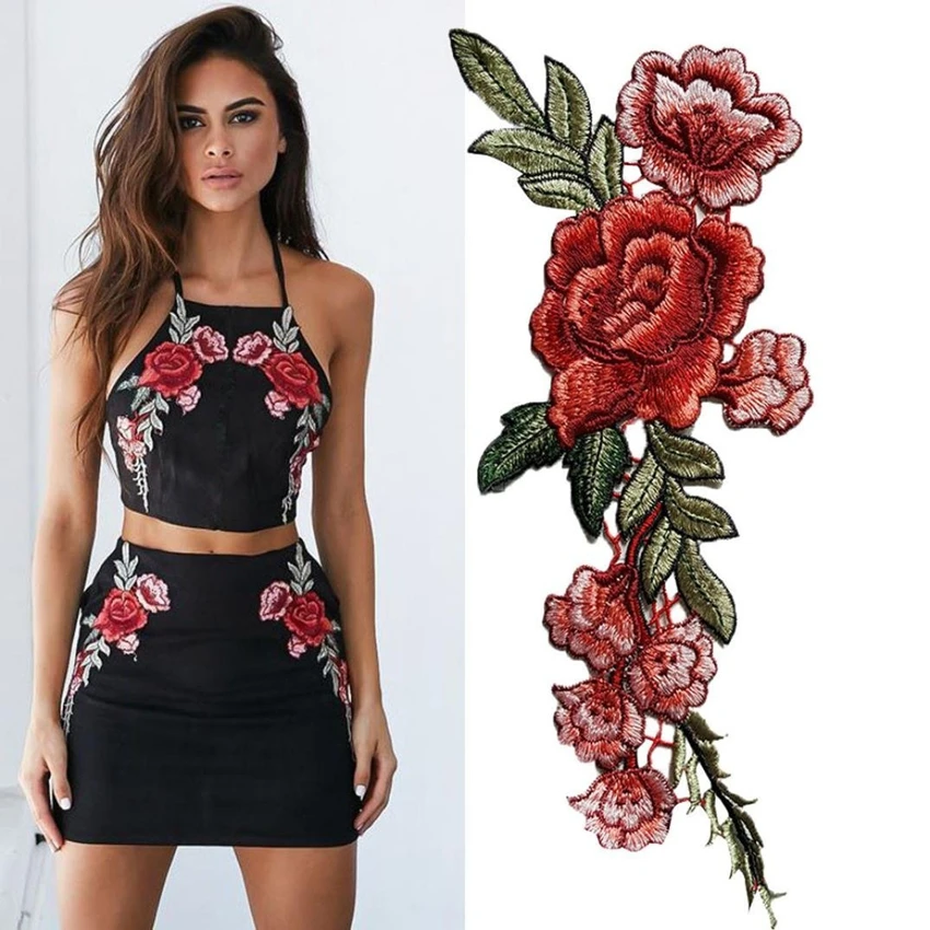 

2PC DIY Roses Pair Flowers Floral Collar Bouquet Boho Embroidered Appliques Iron On patches Sticker Applique Badge