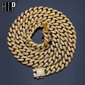

Hip Hop Full Rhinestones Iced Out Miami Curb Cuban Chain Necklace 50-75cm Length Gold Paved CZ Bling Necklaces For Men Jewelry