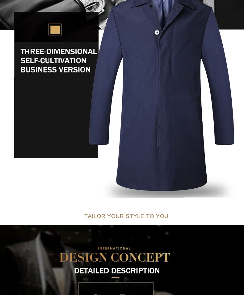 2018 New Spring Mens Casual Trench Coat Khaki blue Longline Thin Windbreaker Coats  (3)