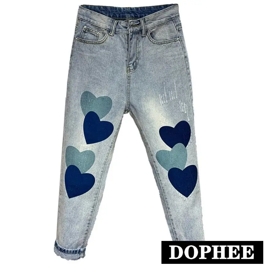 Spring Summer New Jeans Women Love Printed Loose Jeans Fashion Washed Straight High Waist Jeans for Girl