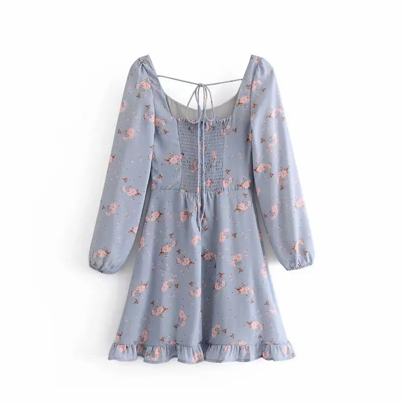 

QZ672 European Slim Waist Lacing Up Ruffles Bottom Long Sleeve Floral Print Dress Ladies Back Elastic Mini Vestidos