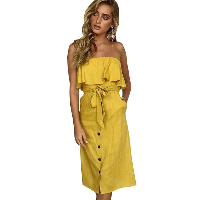 Qunndy Boho Style Off Shoulder Off Ruffles Dresses Women Beach Summer Sashes Button Dress Vestido Bandage Female Party Dress (21)