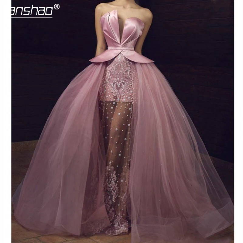 

Pink Muslim Evening Dresses Ball Gown Sweetheart Tulle Lace Pearls Islamic Dubai Saudi Arabic Long Evening Gown Prom