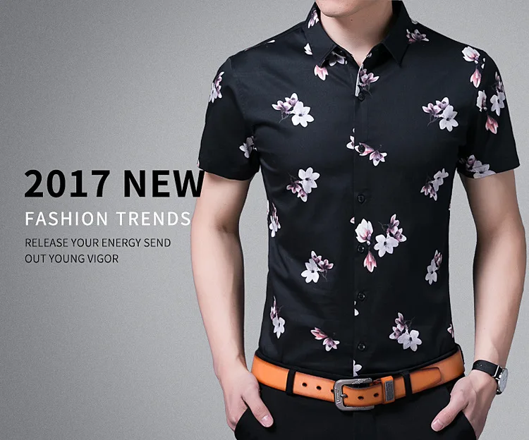 Новое поступление Для мужчин модные натуральный хлопок Цветочный бизнес рубашки мужской Повседневное топ с короткими рукавами рубашки