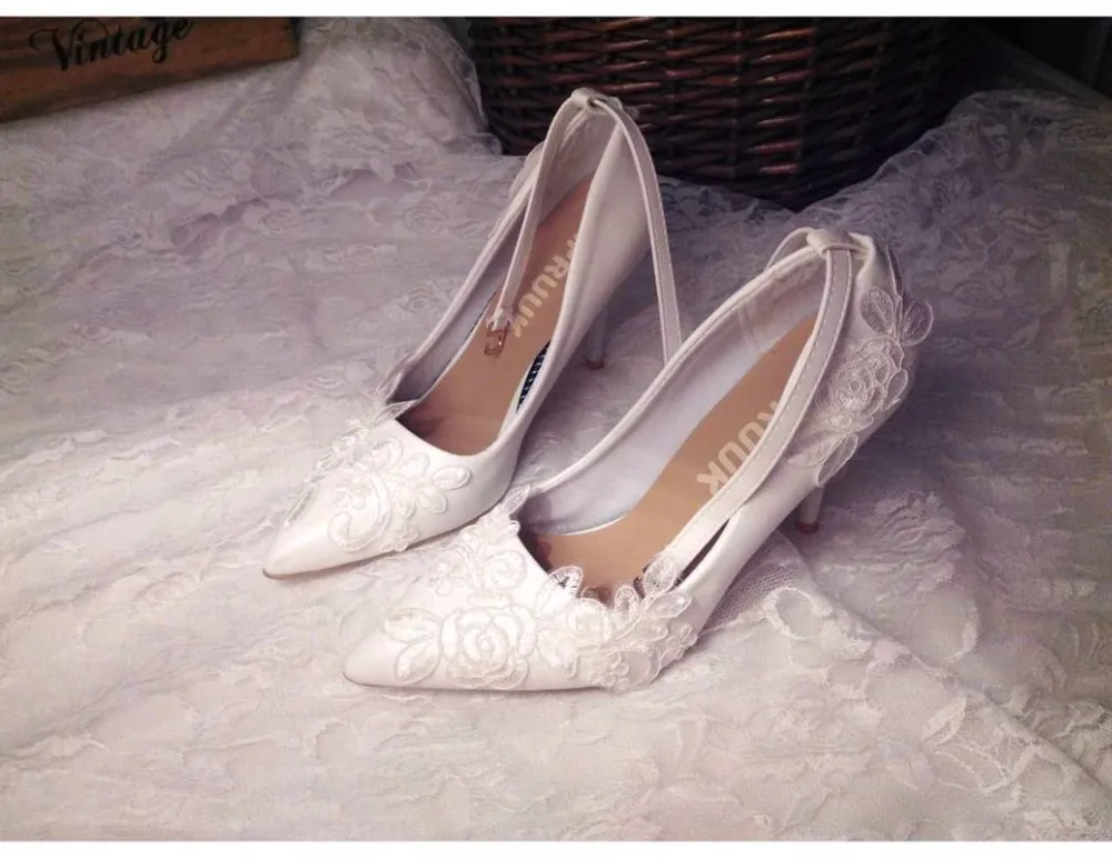 9cm thin high heels white lace wedding shoes woman sexy point toes brides lady party proms dress pumps shoes ankle straps