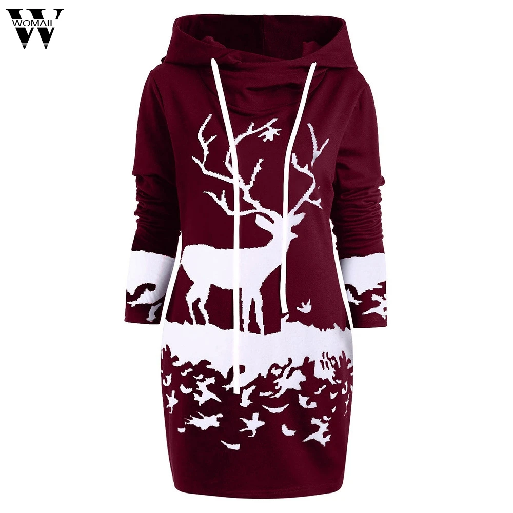 

Womail formal Christmas dress women elegant plus sizes Christmas Monochrome Reindeer Printed Hooded Drawstring vestidos verano