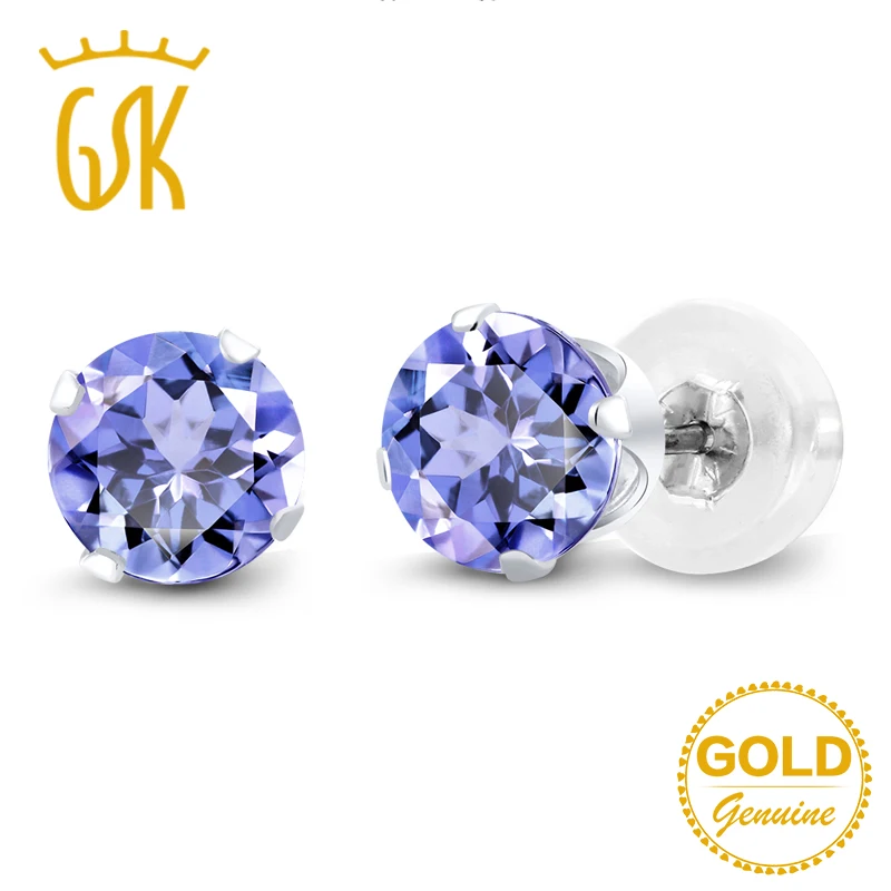 GemStoneKing 1 00 Ct Круглый вырез натуральный Танзанит однотонные серьги гвоздики 14 K