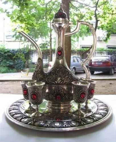 

Handwork Tibet gilt silver ruby carved flagon 1 teapot 4 wine cup 1 Dish sets crafts art Silver tea pot Decoration Silver Brass