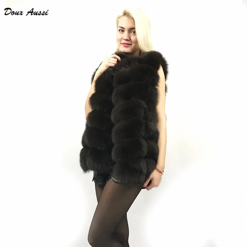 De Taille Fourrure Noir Foncé Doux Aussi Manteau V Pour Régulier Fox Manches Renard Véritable Dame Sans Bleu Large cou Réel Gilet Vest Solide Fur À SLUMpzVGq