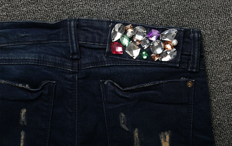 Новая весенняя одежда с украшением в виде кристаллов, Рваные Джинсы женские растягивающиеся узкие джинсовые узкие брюки Высокое качество Роскошный Винтаж Стразы джинсы