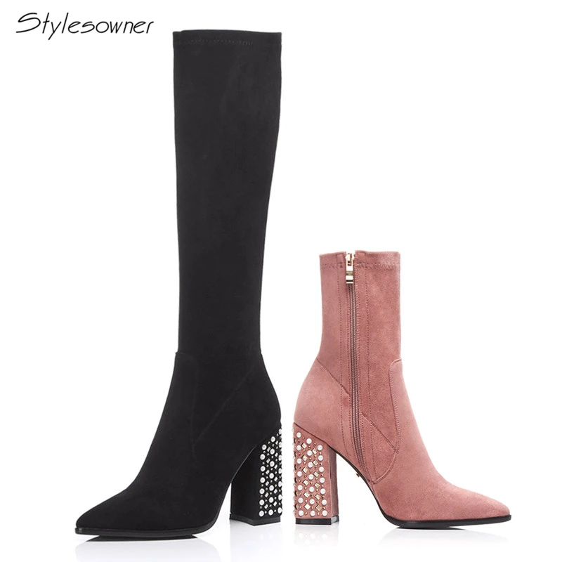 

Stylesowner Sexy Women Pearl Heels Boots Knee High Long And Short Zipper Boots Pointed Toe Crystal Super High Heel Botas Female