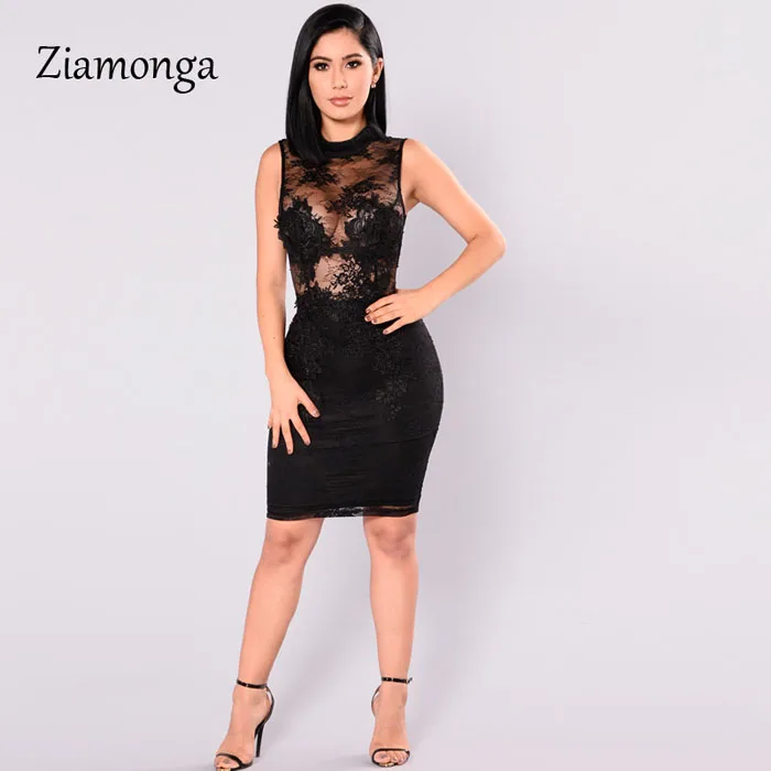 Ziamonga, весенне-летнее кружевное платье, женское, сексуальное, без рукавов, тонкое, черное, красное, вечерние платья, Robe Femme Ete, прозрачное, Бандажное платье - Цвет: Black