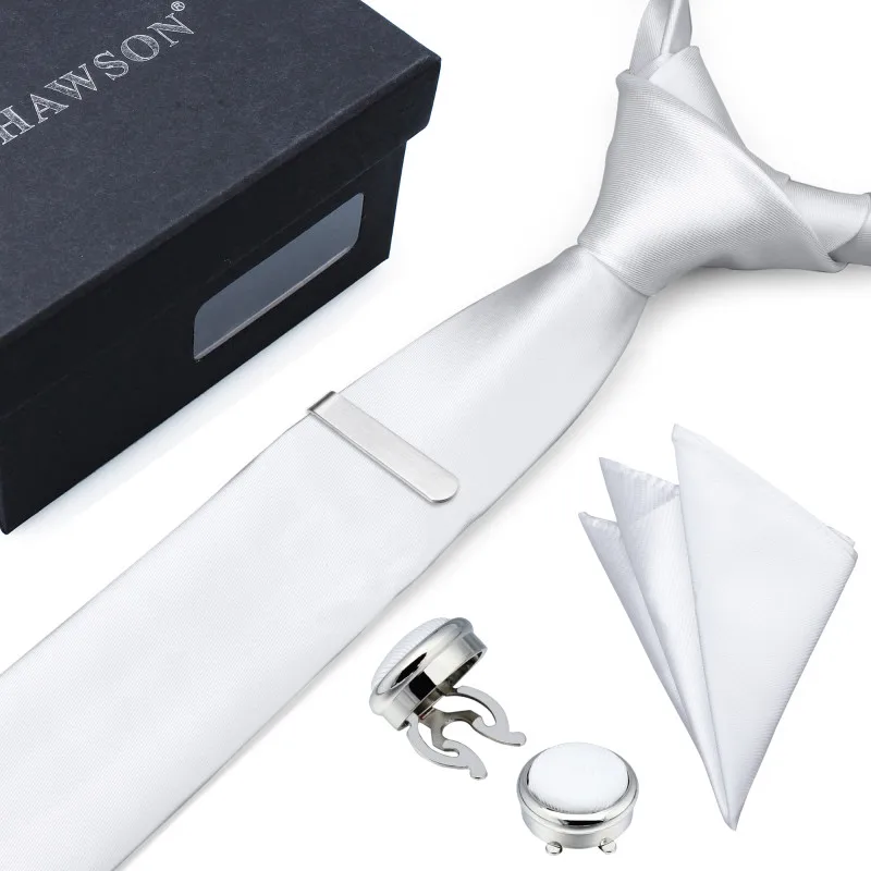 

HAWSON New Styles White Necktie Set with Pocket Square Tie Clip & Button Cover CuffLinks in Gift Box for Wedding Birthday Party