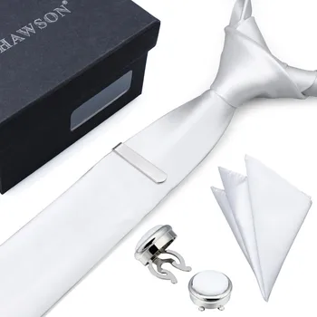 

HAWSON New Styles White Necktie Set with Pocket Square Tie Clip & Button Cover CuffLinks in Gift Box for Wedding Birthday Party