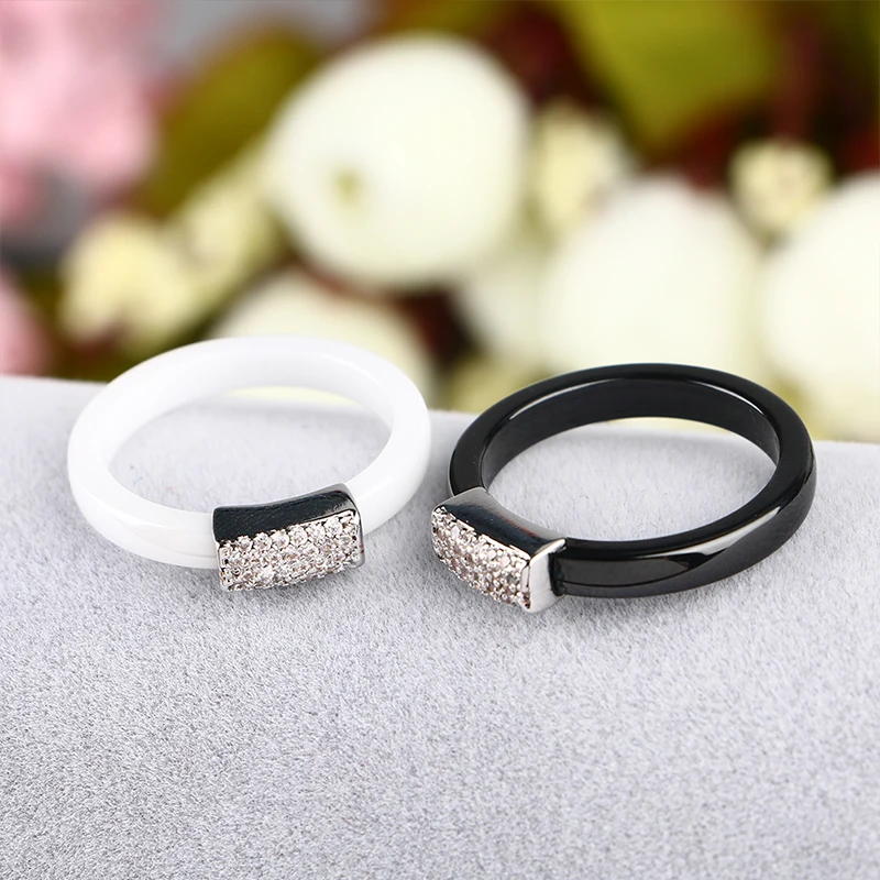 Новинка, 3 мм, черно-белое керамическое кольцо для женщин, шикарные CZ камни, серебро, элегантный темперамент, обручальное кольцо, женское ювелирное изделие для любимой
