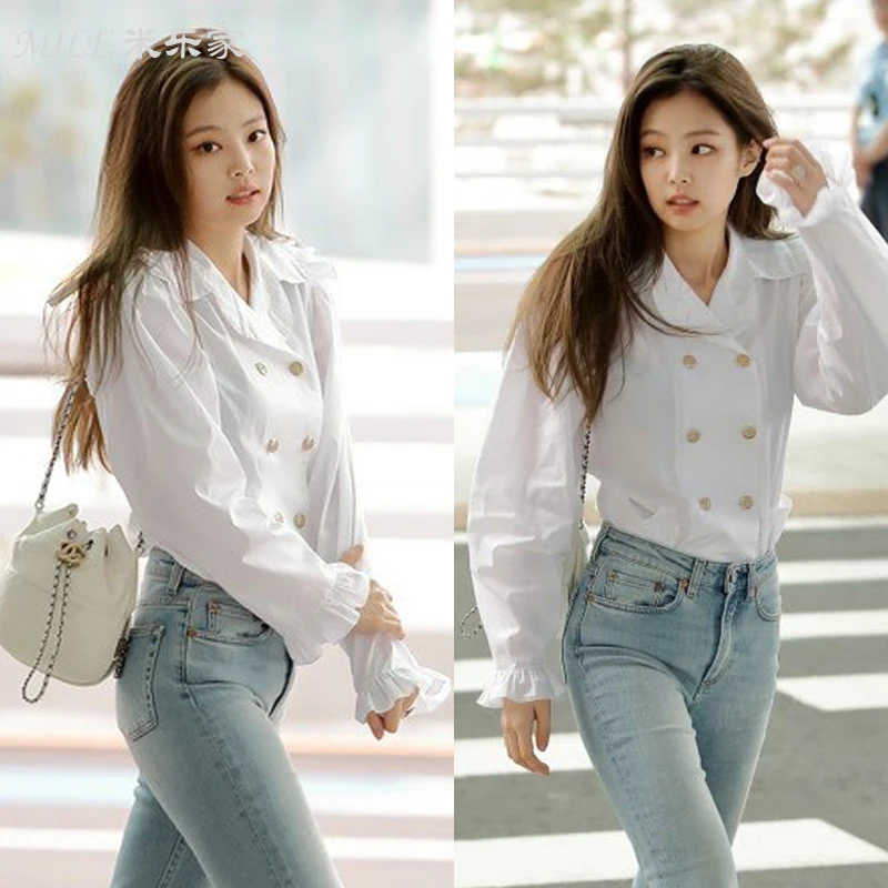  kpop BLACKPINK JENNIE Wild white double-breasted retro Flounced shirt women Puff sleeve blouses str