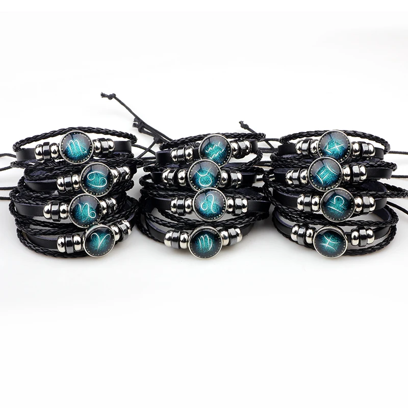 (Men's Fashion) Adjustable Leather Cuff Mens Friendship Bracelet Twelve Constellations Zodiac