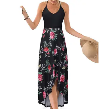 

Fashion Summer Women Flower Printed Sling Backless Spaghetti Strap V Neck Irregular Lady Evening Party Long Maxi Dress Sundress