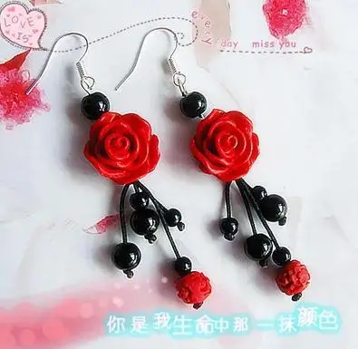 

Perfect Red Carved Cinnabar Earrings, Fashion Women's Carved Lacquerware Jewelry,Red Flower stone 925 Silver Dangle Earring.C-24
