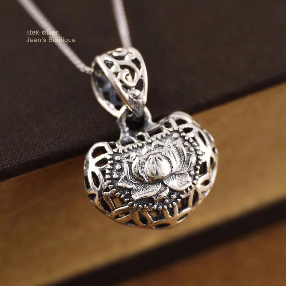 Sterling Silver Chinese Lotus Long Life Lock Charm Necklace Pendant A2224 | Украшения и аксессуары